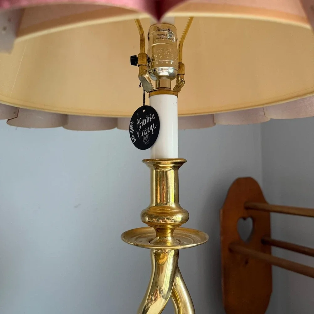 Vintage Brass Double Twist Spiral Table Lamp with Pink Accordion Pleat Shade 30